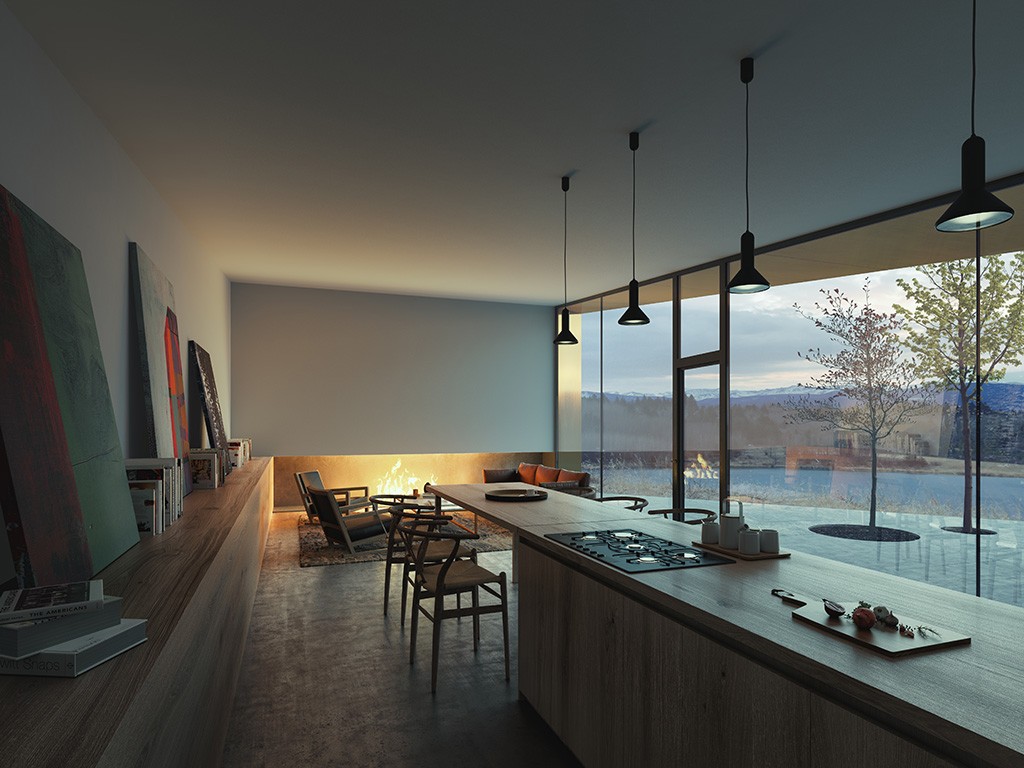 The kitchen of T House, with views to the Rocky Mountains.