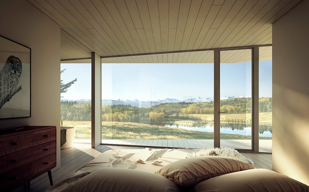 Even the bedrooms at V House boast spectacular views of the Rocky Mountains across Anna Lake