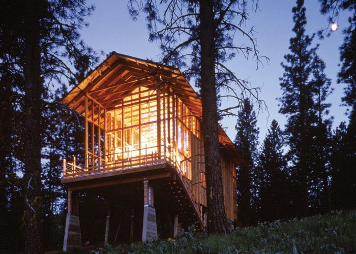 Exterior view of Pine Forest Cabin, designed by James Cutler of Cutler Anderson Architects