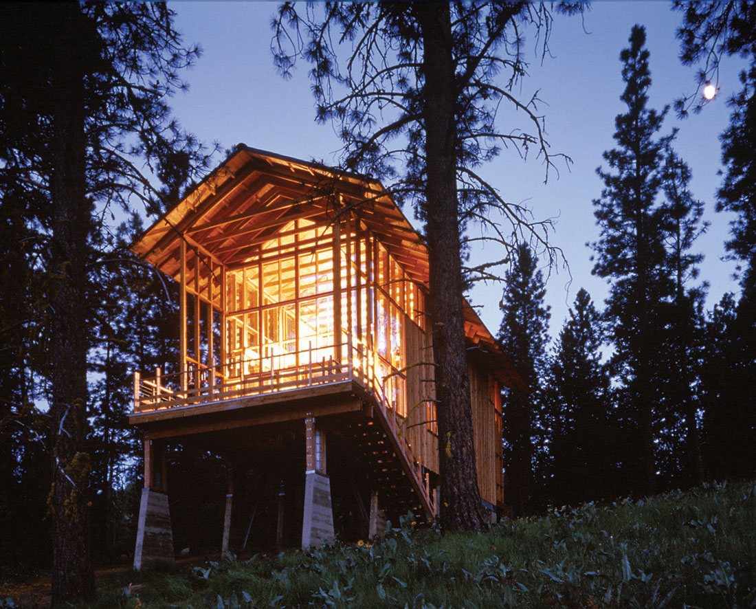 Exterior view of Pine Forest Cabin, designed by James Cutler of Cutler Anderson Architects
